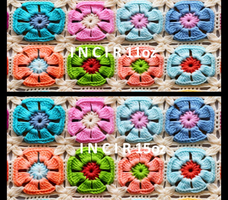 Puede incluir: Primer plano de una manta de ganchillo con un patr&oacute;n repetitivo de flores de colores. La manta est&aacute; hecha con hilo blanco y presenta flores en tonos de azul, rosa, verde, naranja y rojo. El texto "INCIR 11oz" y "INCIR 15oz" es visible en la imagen.