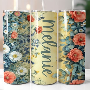 Add Name Floral Tumbler Wrap, Add Text Watercolour Flowers 20oz Skinny Tumbler Sublimation Design, Customizable Roses Daisies Tumbler Wrap