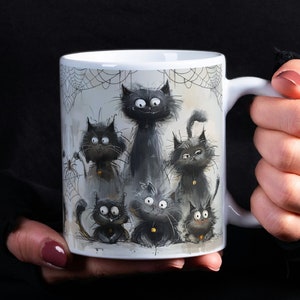 おもしろい猫のマグカップラップ、11 オンスと 15 オンスの黒猫マグカップ昇華デザイン、不機嫌で汚いハロウィン猫のマグカップラップ PNG、猫好きのマグカップデザイン PNG