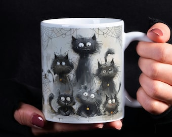 Funny Cats Mug Wrap, 11oz & 15oz Black Cats Mug Sublimation Design, Grumpy Scruffy Halloween Cats Mug Wrap PNG, Cat Lover's Mug Design PNG