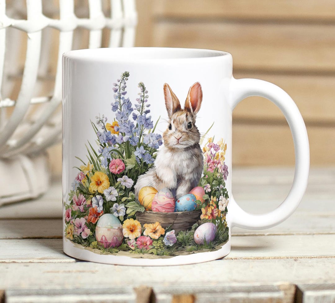 Easter Bunny With Eggs Mug Wrap PNG, Cute Watercolor Easter 11oz & 15oz ...