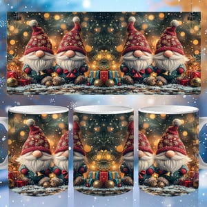 Gnomes Mug Wrap PNG, Christmas Gnomes with Santa Hats 11oz & 15oz Mug Sublimation Design, Digital Download Festive Mug Wrap Design PNG