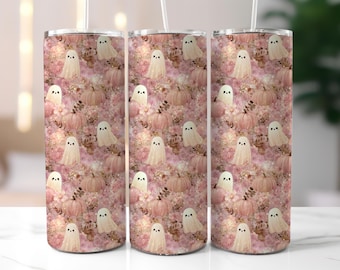 Pink Halloween Tumbler Wrap, Cute Floral Ghost 20oz Skinny Tumbler Sublimation Design, Pink Pumpkins Tumbler Wrap, Autumn Vibes Tumbler PNG