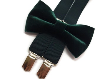 EMERaLD Green Bowtie Y-back suspenders for baby boys Wedding outfit for ring bearer ToddlerInfant bowties Groomsmen VELVET neck ties DadSons