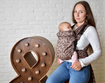 Woven mei tai baby carrier. Brown cotton Feathers