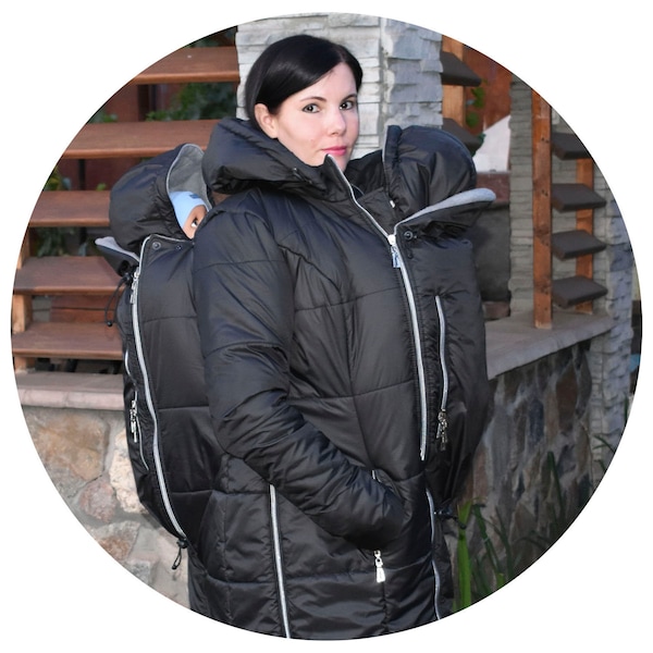 Winter Zwillings Tragejacke. Warme Tandem-Tragejacke