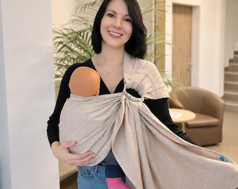Cotton Jacquard Ring Sling: Beige Feathers Baby Carrier