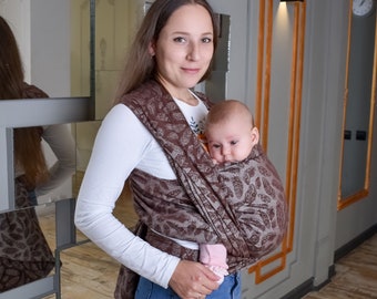 Woven baby sling wrap. Cotton jacquard brown feathers. Baby carrier wrap. Cotton baby sling. Woven baby wrap