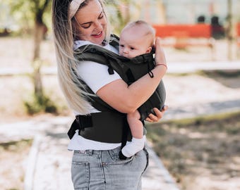 Black linen buckle baby carrier for newborn, infant and roddler