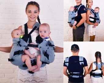 4 in 1 Malishastik Twins Carrier Front Adapt Gray (Twins Carrier Tandem, twin wrap carrier, tandem babywearing, tandem carry)