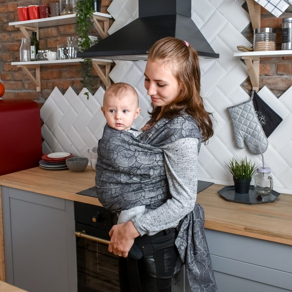 Woven cotton wrap baby carrier Gray Leaf