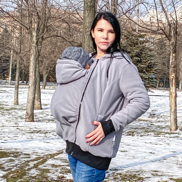 Mom jacket gray fleece babywearing 3 in 1 coat. Pregnancy, maternity, baby carrier jacket