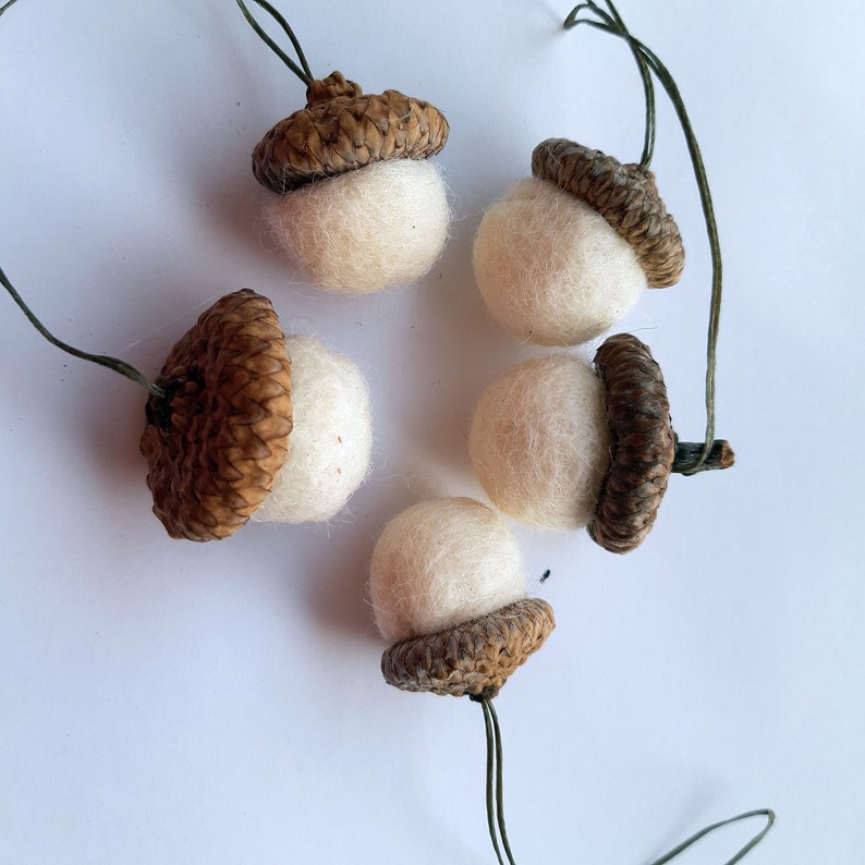 Set of 5 Handmade Wool Felt Acorn Ornaments White