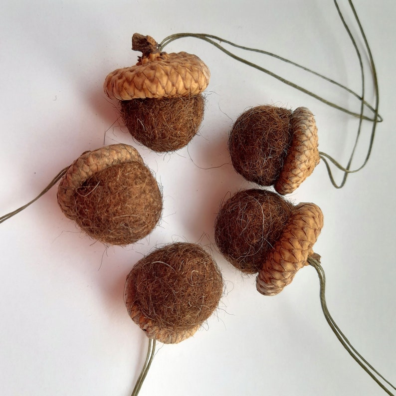 Set of 5 Handmade Wool Felt Acorn Ornaments Dark brown