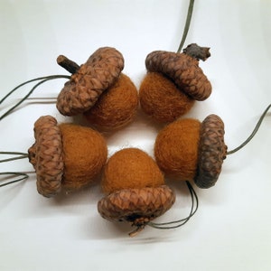 Set of 5 Handmade Wool Felt Acorn Ornaments Brown