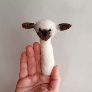 Op de afbeelding: Een wit wollen schaap met bruine wollen oren en een zwarte wollen neus. Het schaap staat op een hand.