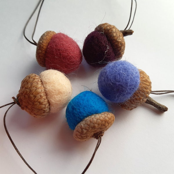 Set of 5 Handmade Wool Felt Acorn Ornaments / Colorful 1