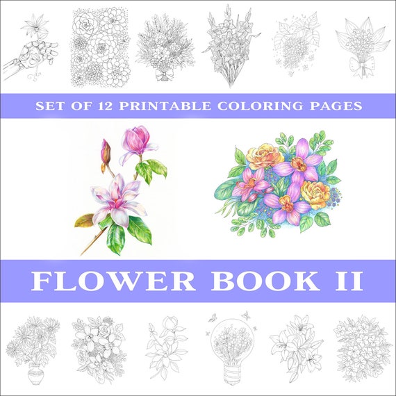 Download 12 Printable Pdf Coloring Pages Set Flower Book Ii Etsy