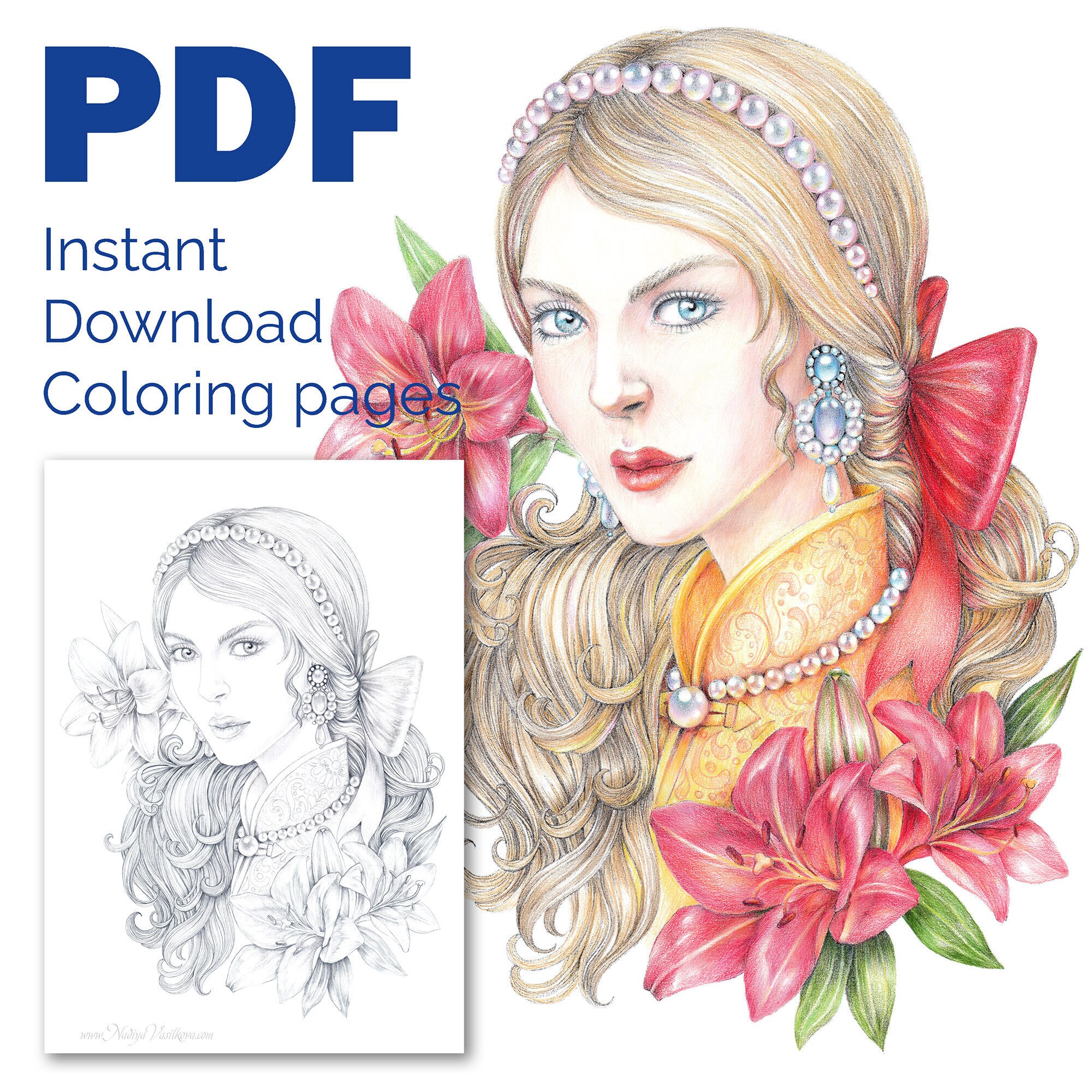 Printable Coloring Pages Pearls and Lilies | Etsy