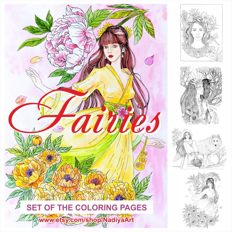 Printable Coloring Pages Set Fairies 4 Pages Instant Digital Download For Coloring And Relaxation 4 Beautiful Illustrations