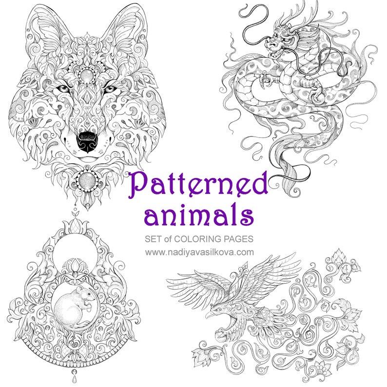 Printable Coloring Pages Set Patterned animals 4 | Etsy