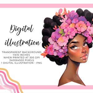 Black Woman Clipart, Splendida corona di fiori Illustrazione digitale, Arte donna nera Boho, Sfondo trasparente, Clipart di moda