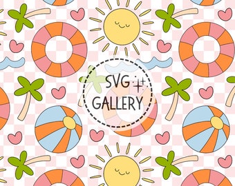 Pink Summer Seamless Pattern Repeat for Fabric Sublimation, Sun & beach print, pool float, palm, Digital Paper, Commercial Use