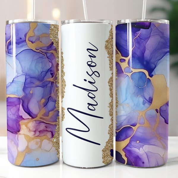 Alcohol ink Add Your Own Name 20OZ skinny tumbler wrap design. Blue purple and gold marbled, gold glitter, seamless sublimation design, PNG