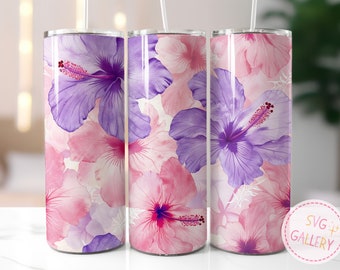 Pink and Purple Hibiscus Watercolor Tumbler wrap design, 20OZ skinny tumbler, Pastel florals, summer, seamless sublimation design, PNG