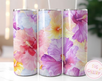 Hibiscus Watercolor Tumbler wrap design, 20OZ skinny tumbler, Pastel florals, summer holiday, sun, seamless sublimation design, PNG