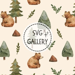 Repetición de patrones sin fisuras de oso del bosque para sublimación de telas, Oso de acuarela, Árbol, Diseño de papel digital, Uso comercial