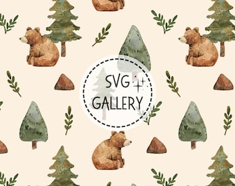 Woodland Bear Seamless Pattern Repeat for Fabric Sublimation, Watercolor bear, tree, Digital Paper Design, Commercial Use