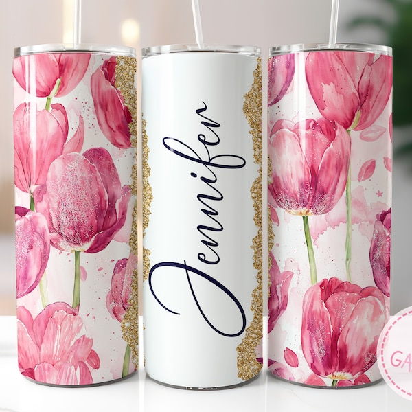 Pink Tulip Add Your Own Name 20OZ skinny tumbler wrap design. Pink watercolor tulips, gold glitter, seamless sublimation design, PNG