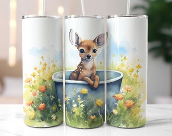 Cute Deer in a tub, watercolor Tumbler wrap design, 20OZ skinny tumbler, Deer, flowers, bucket, seamless sublimation design, PNG
