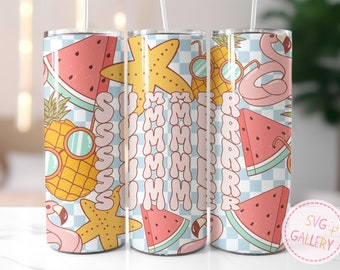 Retro Summer Tumbler wrap design, 20OZ skinny tumbler, Pineapple, watermelon, beach, Flamingo, holiday, seamless sublimation design, PNG