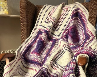 Handmade Crochet, Large Squares, Purples and Cream, Linen Stitch Throw. 137cm x 107 cm (approx 4.5' x 3.5'), Acrylic and Wool Blend Yarn.