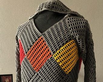 Men's Crochet PDF Pattern, Grid Square Shirt