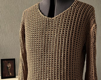 Men's Crochet PDF Pattern, Double Knit Cotton Rib Mesh V Neck Sweater, All Sizes