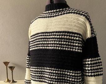 Mens Crochet PDF Pattern, Houndstooth Stripe Aran Sweater