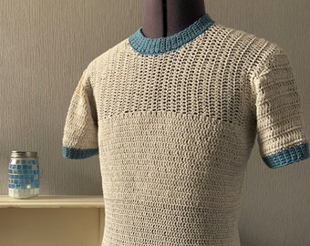 Men's Crochet Pattern, Vertical Stripe Yoke T-Shirt