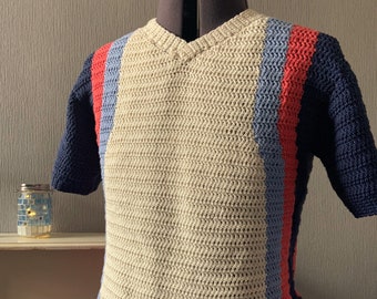 Men's Crochet Pattern, Contour Stripe V Neck T-Shirt