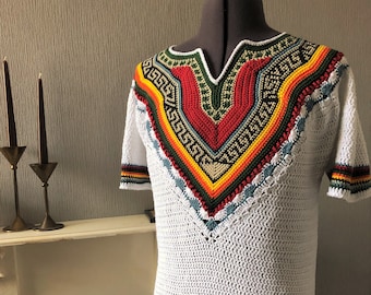 Crochet Pattern, Dashiki Style V Neck T-Shirt