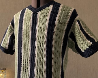 Men's Crochet Pattern, Vertical Stripe V Neck Shirt