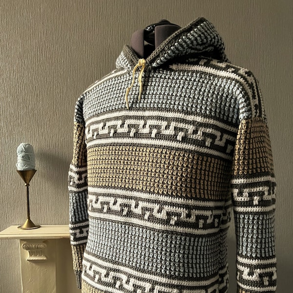 Menswear Crochet PDF Pattern, Keystone and Linen Stitch Hoodie