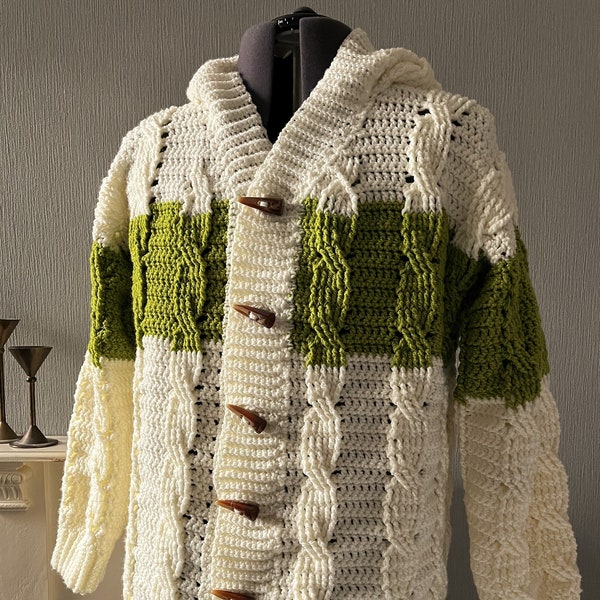 Men's PDF Crochet Pattern, Crochet Cable Hooded Aran Cardigan