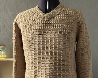 Men's Crochet PDF Pattern, Long Loop Stripe Textured V Neck Sweater