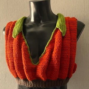 Pode incluir: Um top de crochê com um design em forma de abóbora. O top é laranja com folhas verdes e uma faixa inferior marrom.