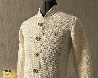Men's Crochet PDF Pattern, Block Stitch Long Sleeve Cardigan With Pocket, XS- 5XL