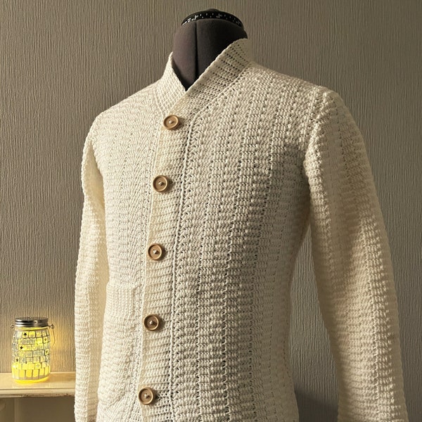 Men's Crochet PDF Pattern, Block Stitch Long Sleeve Cardigan With Pocket, XS- 5XL