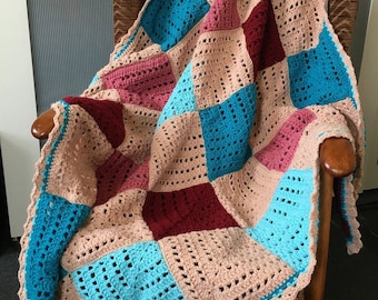 Handmade Crochet Mitred Squares Throw, 120cm x 120cm (approx 4ft x 4ft), Acrylic Yarn